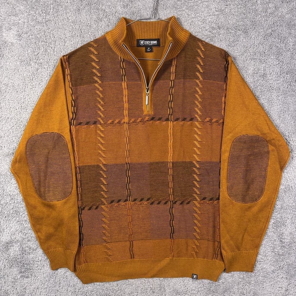 Stacy Adams Sweater Mens M 3D Knit Pullover 1/4 Zip Elbow Patch Coogi Style Soft